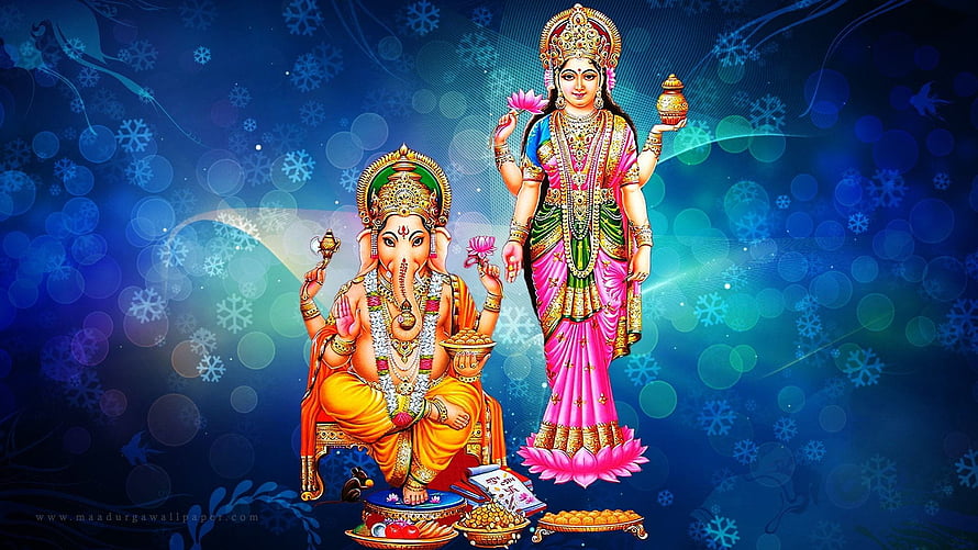 Lord Ganesha and Goddess Lakshmi on Lotus with Diwali Offerings and Snowflakes HD wallpaper