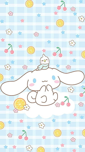 Cinnamoroll and Little Bird on a Cloud with Pastel Gingham, Stars, and Fruit Pattern HD phone wallpaper