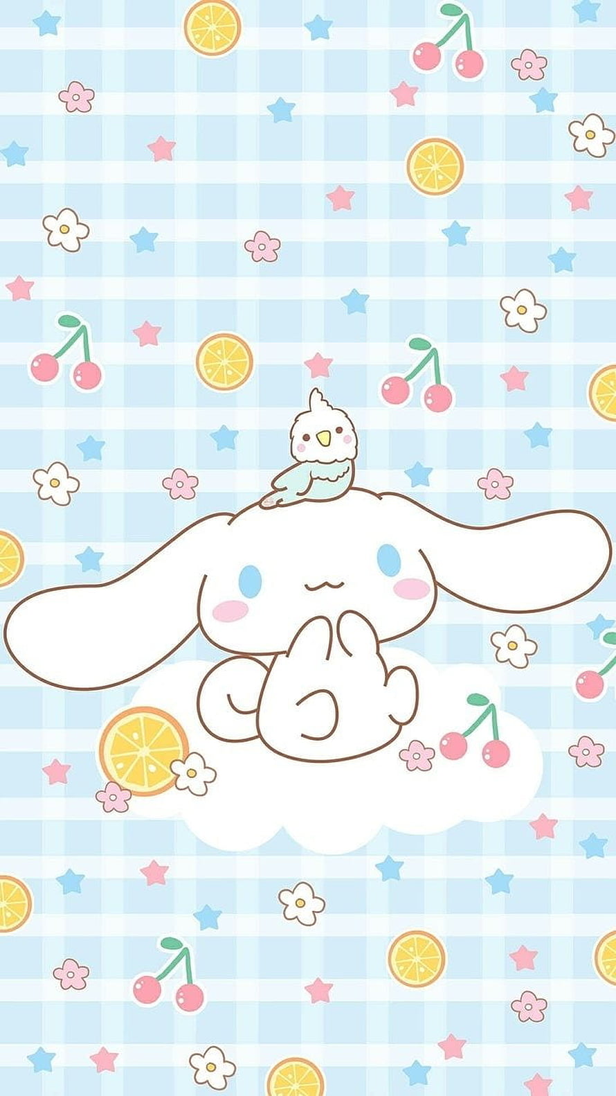 Cinnamoroll and Little Bird on a Cloud with Pastel Gingham, Stars, and Fruit Pattern HD phone wallpaper