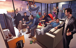 Grand Theft Auto V Penthouse Party Illustration with Michael, Franklin, and Trevor HD wallpaper