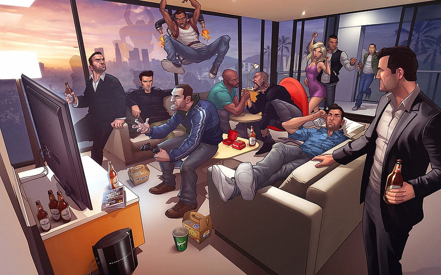 Grand Theft Auto V Penthouse Party Illustration with Michael, Franklin, and Trevor HD wallpaper