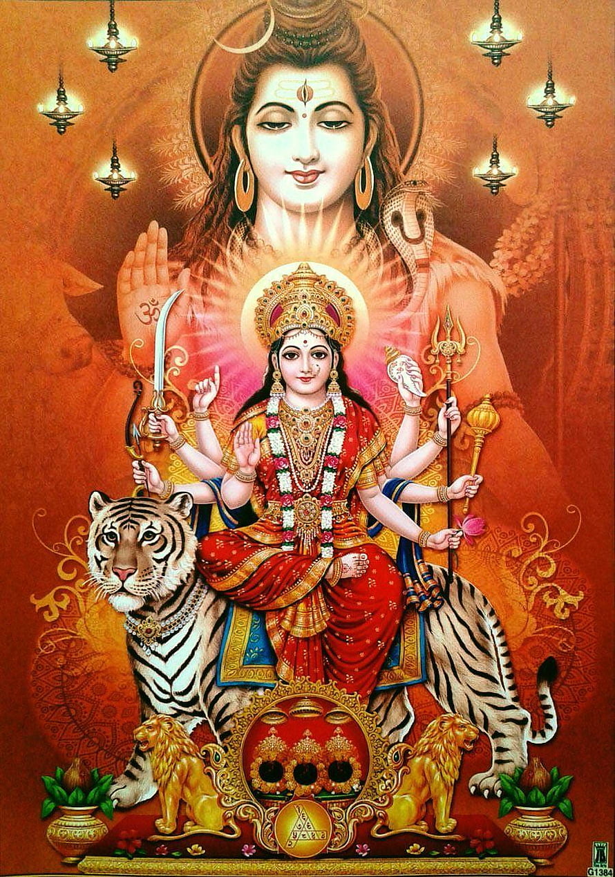 Maa Vaishno Devi Seated on Tiger with Trishul and Sword in Traditional Indian Art HD phone wallpaper