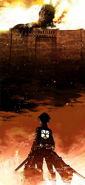 Attack on Titan Soldier Confronting Colossal Titan Over Burning Wall HD phone wallpaper