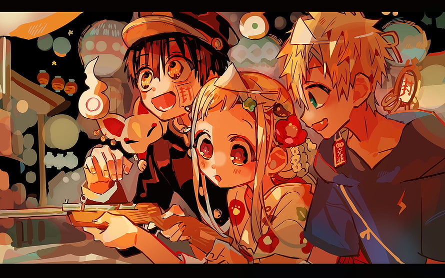 Jibaku Shounen Hanako-kun Anime Characters at a Festive Night Market HD wallpaper