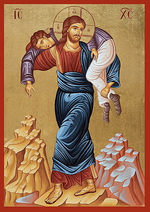 Byzantine Icon of Jesus Christ as the Good Shepherd Carrying the Lost Lamb HD phone wallpaper