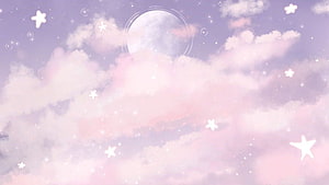 Dreamy Pastel Purple Sky with Moon, Fluffy Clouds, and Scattered Stars HD wallpaper