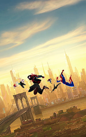 Spider-Man: Into the Spider-Verse Animated Poster with Multiple Heroes Over New York City Skyline HD phone wallpaper