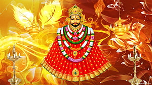 Khatu Shyam Ji in Red Attire with Diyas and Floral Background HD wallpaper