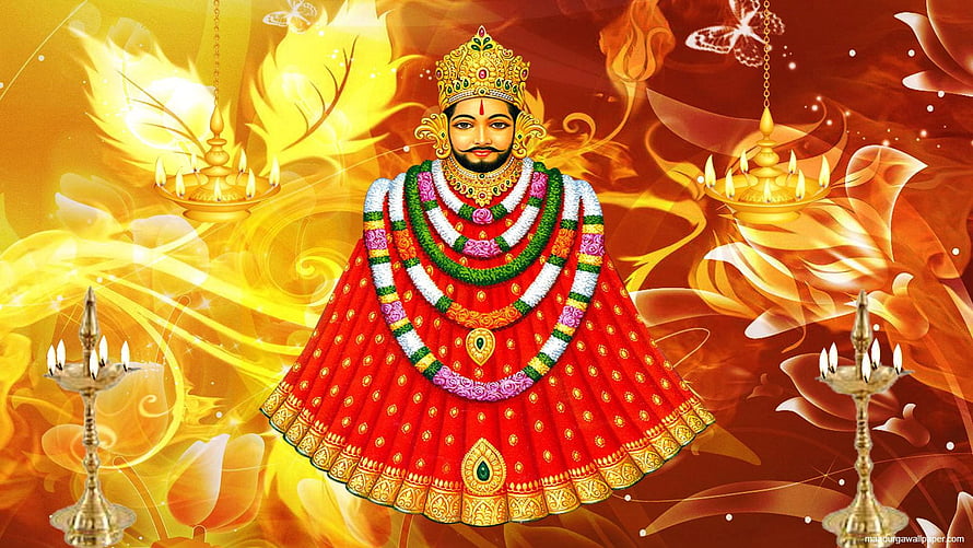 Khatu Shyam Ji in Red Attire with Diyas and Floral Background HD wallpaper