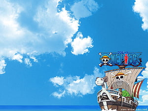 One Piece Going Merry sailing ship under a bright blue sky with fluffy white clouds HD wallpaper