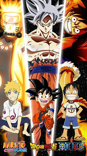 Naruto, Dragon Ball Super, and One Piece Anime Character Comparison Wallpaper HD phone wallpaper