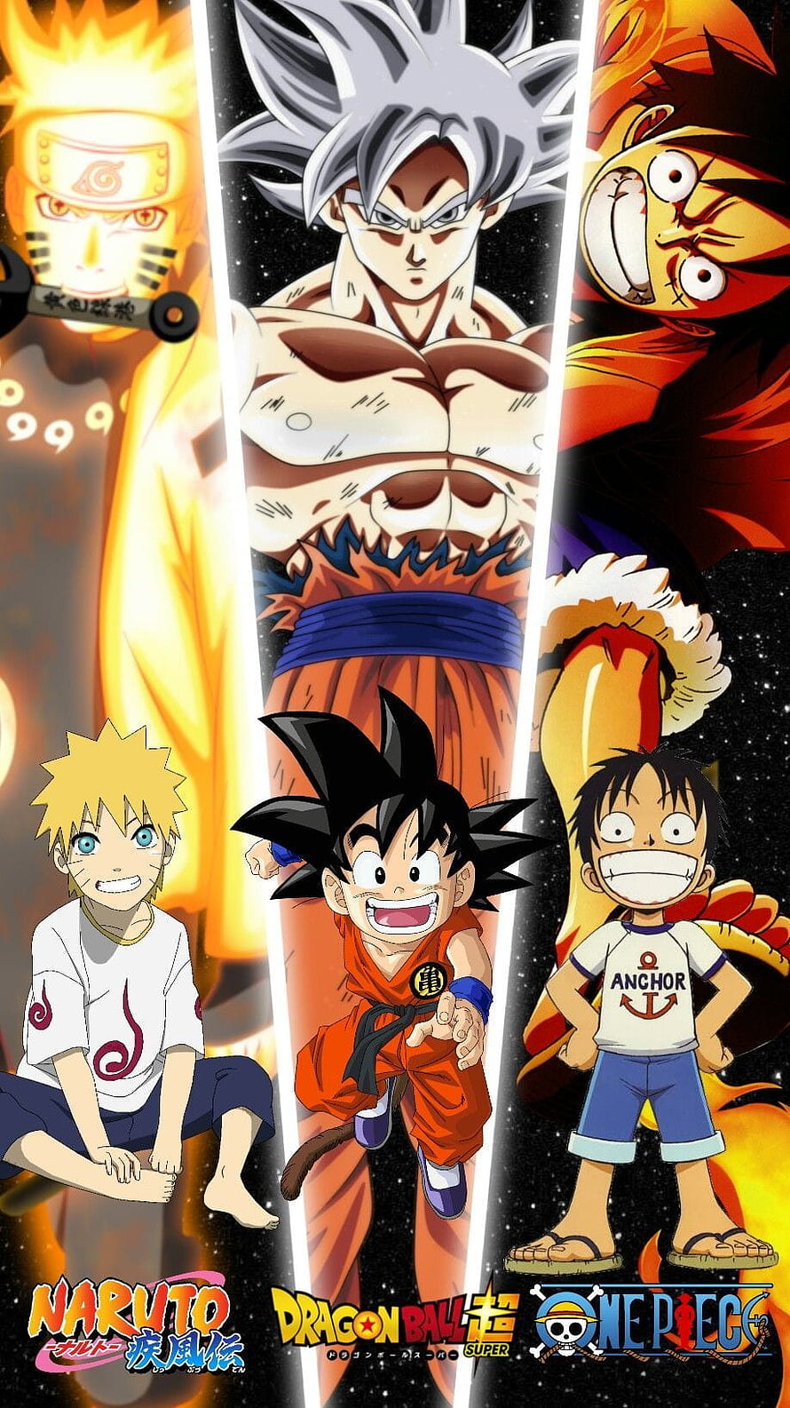 Naruto, Dragon Ball Super, and One Piece Anime Character Comparison Wallpaper HD phone wallpaper