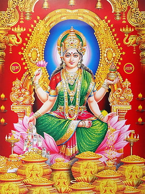 Goddess Lakshmi Seated on Lotus with Gold Coins and Pot of Wealth HD phone wallpaper