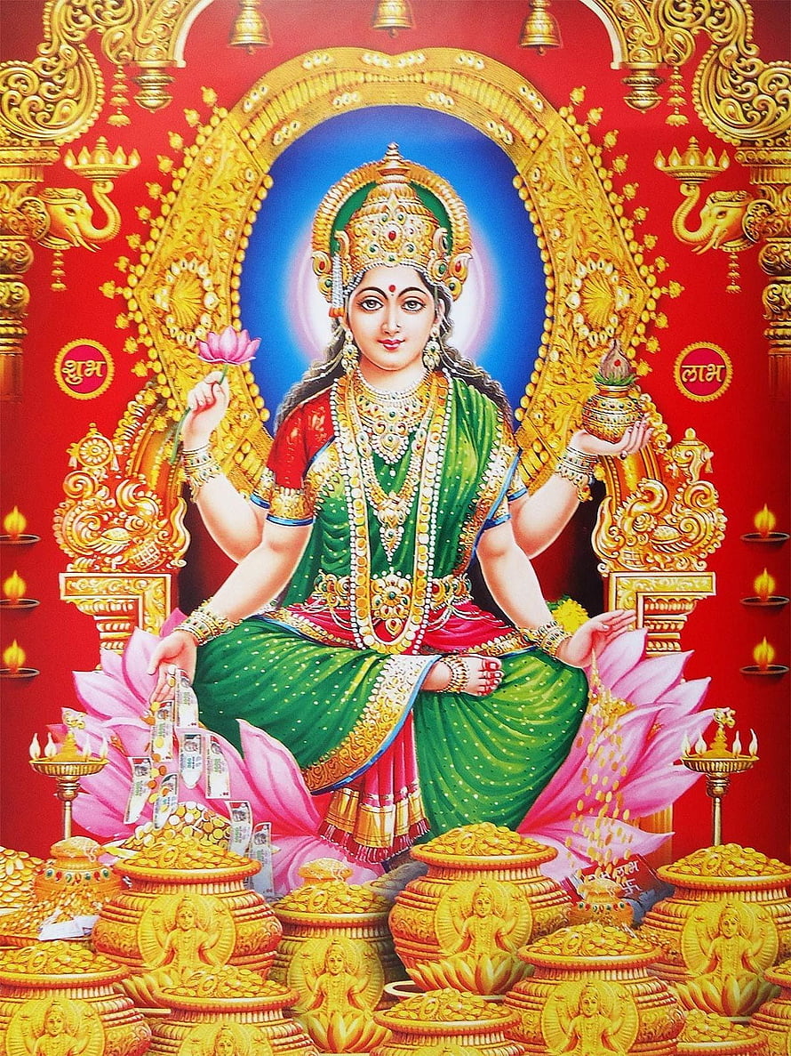 Goddess Lakshmi Seated on Lotus with Gold Coins and Pot of Wealth HD phone wallpaper