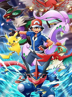 Ash Ketchum and Greninja with Pikachu and Legendary Pokemon in Dynamic Action Pose HD phone wallpaper