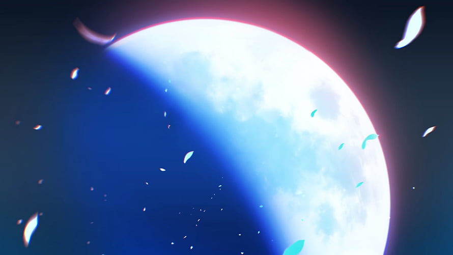 Tsukihime Blue Glass Moon with Drifting Petals in Dark Night Sky HD wallpaper