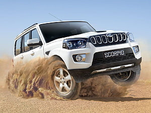 White Mahindra Scorpio SUV kicking up dust on a desert road under a clear blue sky HD wallpaper