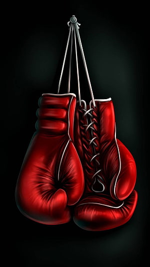 Red Leather Boxing Gloves Hanging on a Hook Against a Dark Background HD phone wallpaper
