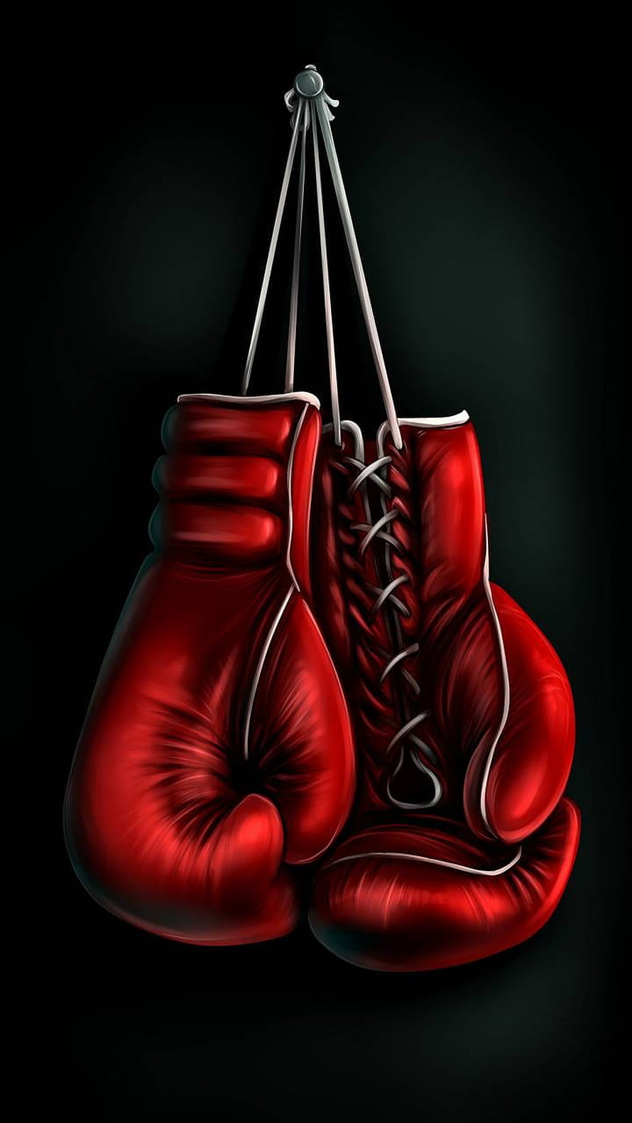 Red Leather Boxing Gloves Hanging on a Hook Against a Dark Background HD phone wallpaper