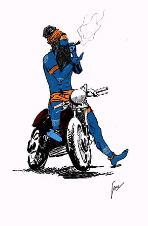 Aghori Sadhu Riding Vintage Motorcycle With Hookah Smoke Illustration HD phone wallpaper