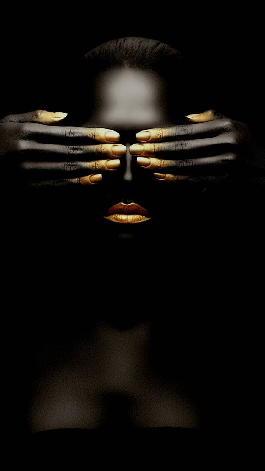 Dramatic Portrait of a Black Woman with Gold Lips and Fingernails Covering Her Eyes HD phone wallpaper