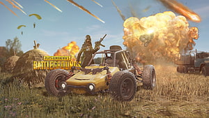 PlayerUnknown's Battlegrounds Red Zone Battle Scene with Buggy and Explosion HD wallpaper