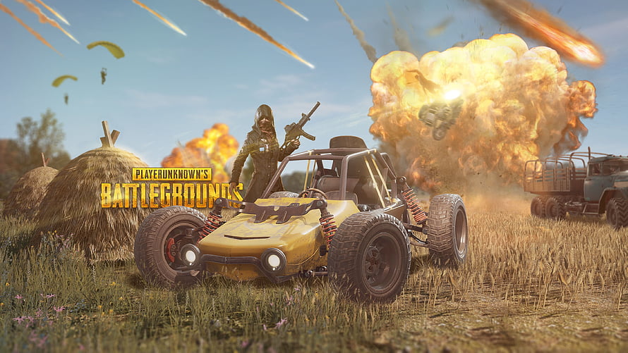 PlayerUnknown's Battlegrounds Red Zone Battle Scene with Buggy and Explosion HD wallpaper