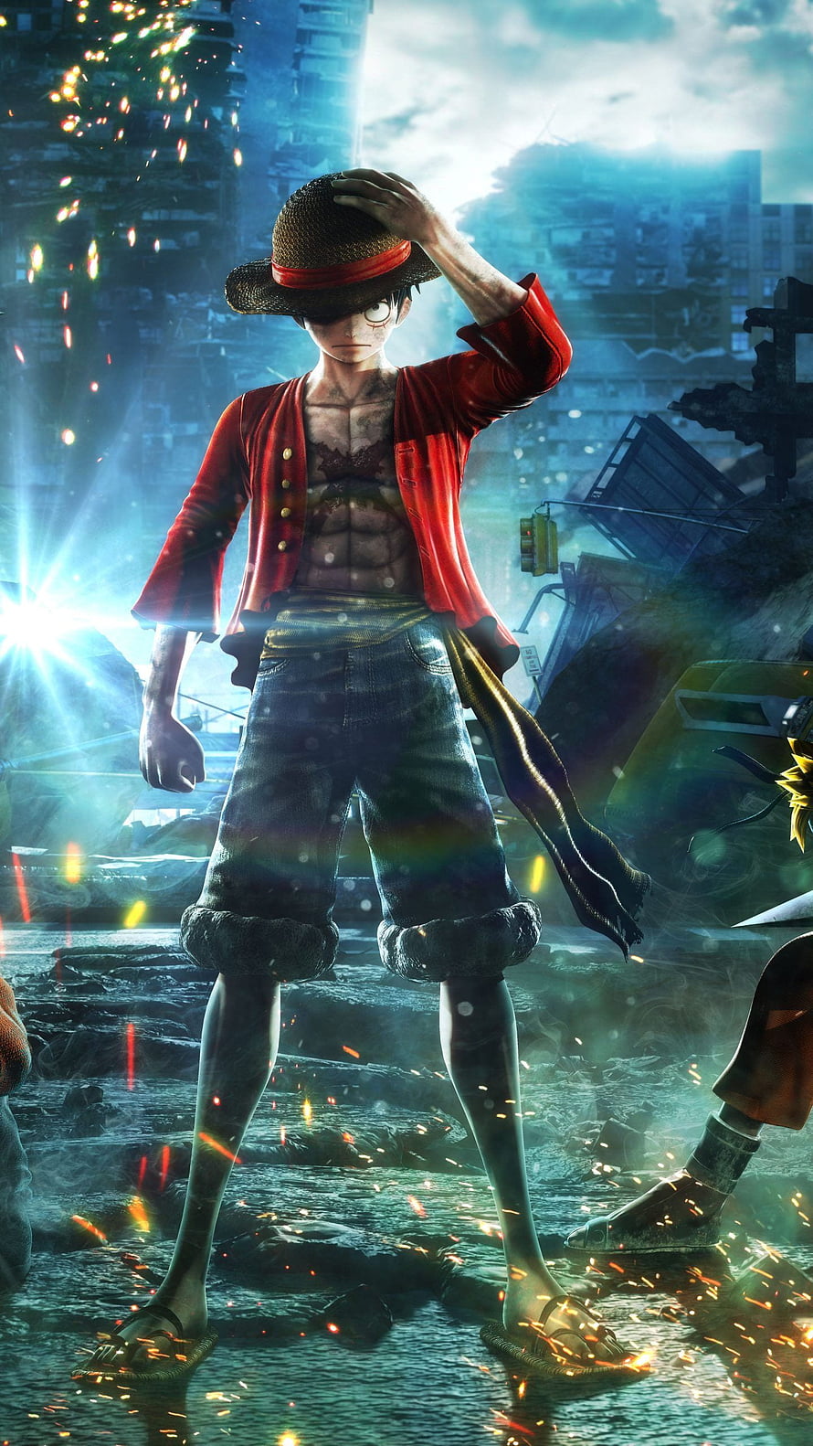 Monkey D. Luffy in Jump Force battle scene with sparks and ruined city backdrop HD phone wallpaper