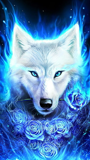 Mystical White Wolf with Blue Flames and Glowing Roses Fantasy Digital Art HD phone wallpaper