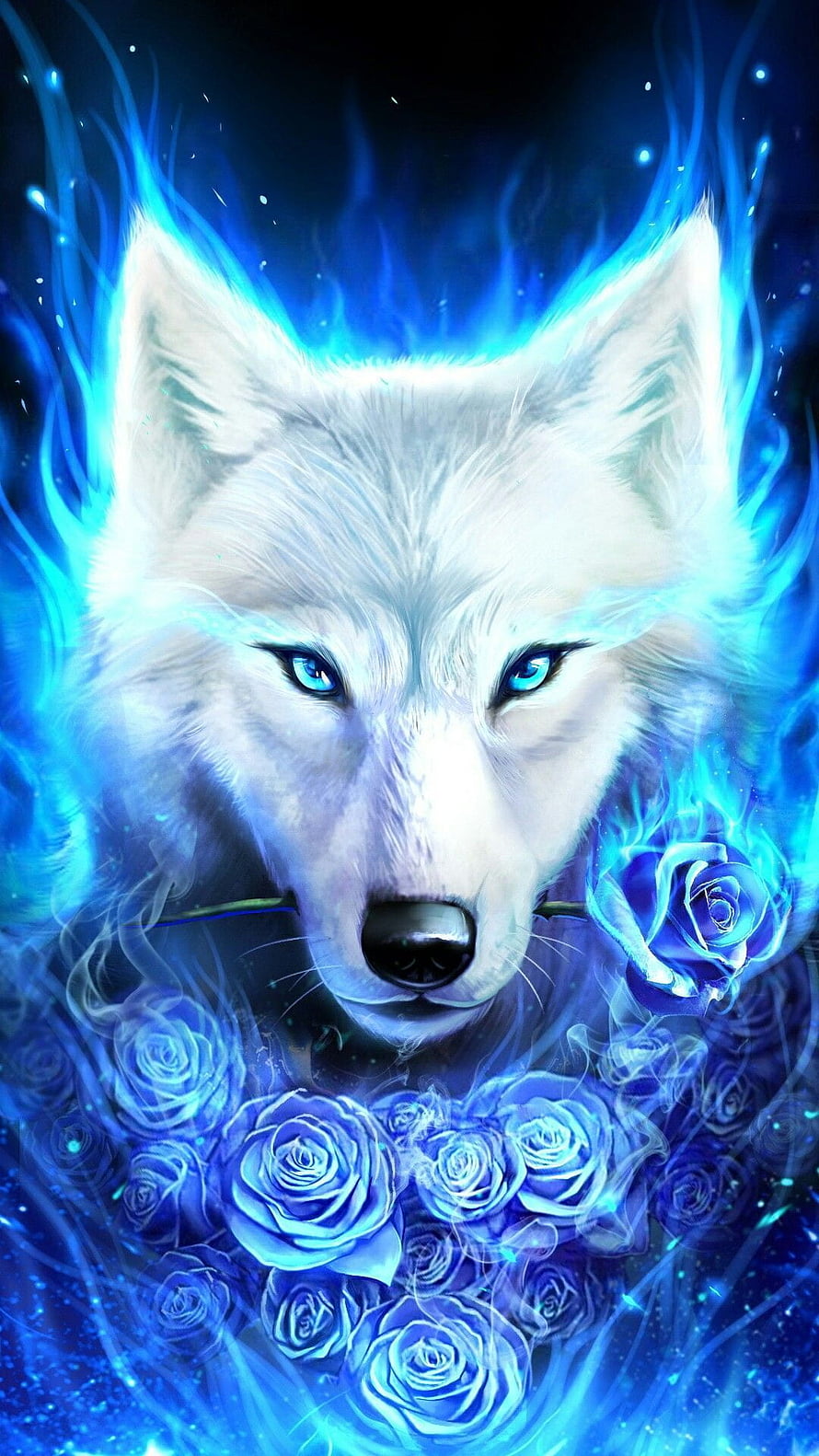 Mystical White Wolf with Blue Flames and Glowing Roses Fantasy Digital Art HD phone wallpaper