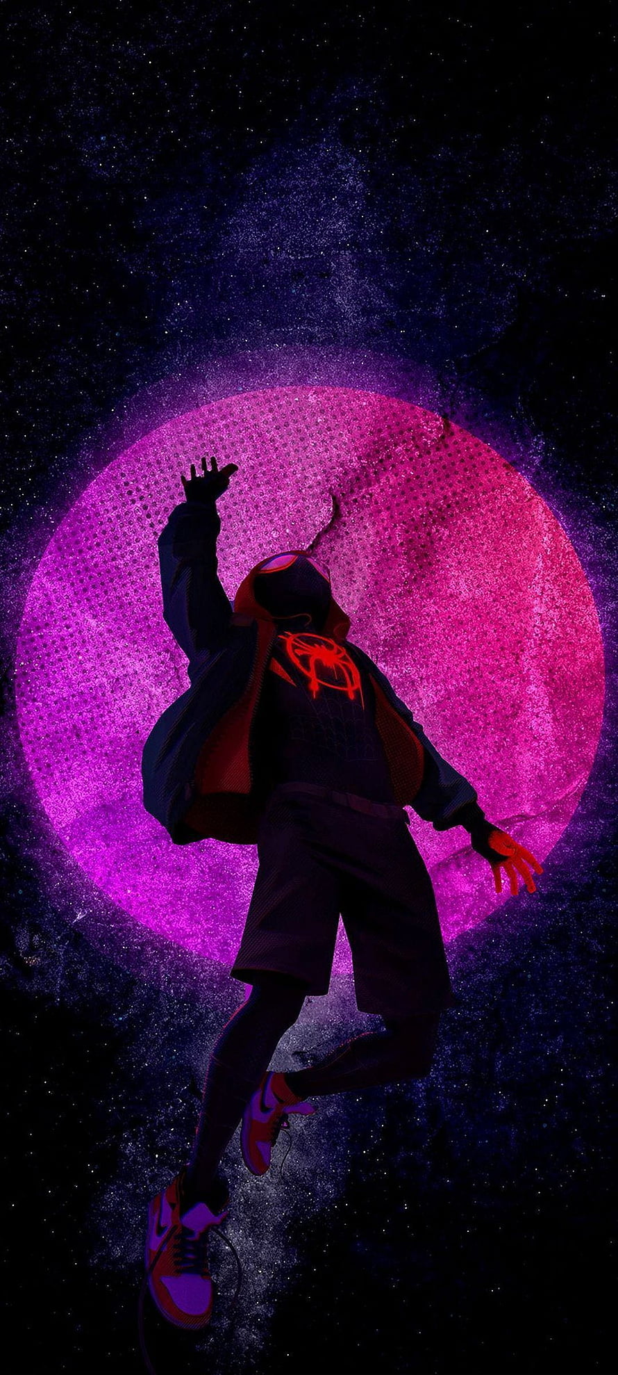 Miles Morales Spider-Man Silhouette Against a Glowing Purple Moon in a Starry Night Sky HD phone wallpaper