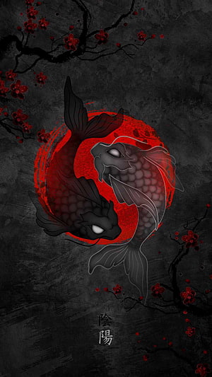 Dark Koi Fish Yin Yang Design with Red Cherry Blossoms and Japanese Calligraphy HD phone wallpaper
