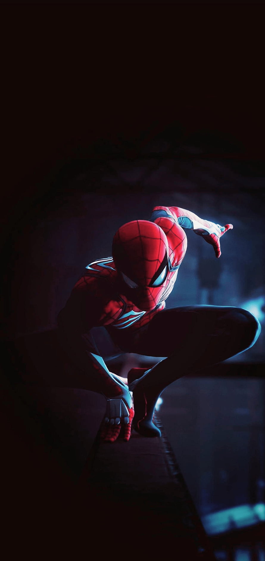 Spider-Man in a Crouched Action Pose on a Rooftop at Night HD phone wallpaper