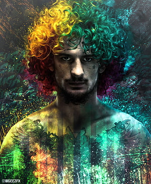 Sean O'Malley Digital Portrait with Vibrant Split-Color Hair and Abstract Background HD phone wallpaper