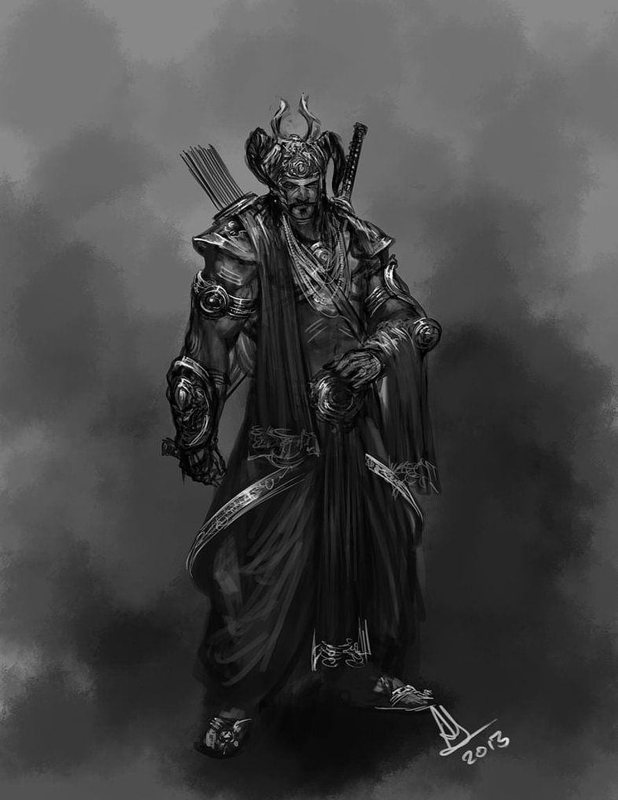 Ravana Dark Fantasy Warrior Concept Art in Monochrome Digital Painting Style HD phone wallpaper