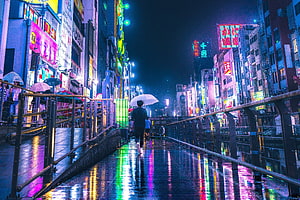 Tokyo Night Street with Neon Signs and Rain Reflections on Wet Bridge HD wallpaper