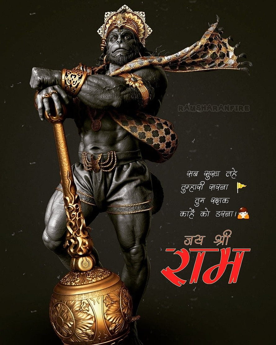 Hanuman Warrior Statue Holding Mace in Golden Armor and Crown HD phone wallpaper