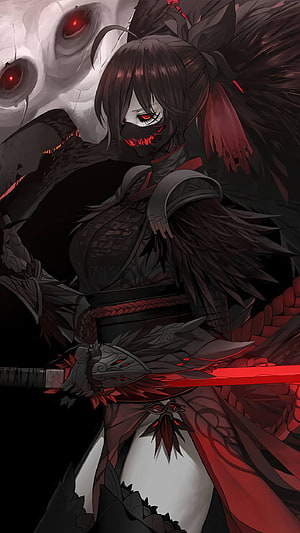 Dark Fantasy Anime Warrior Girl with Red Sword and Mask HD phone wallpaper