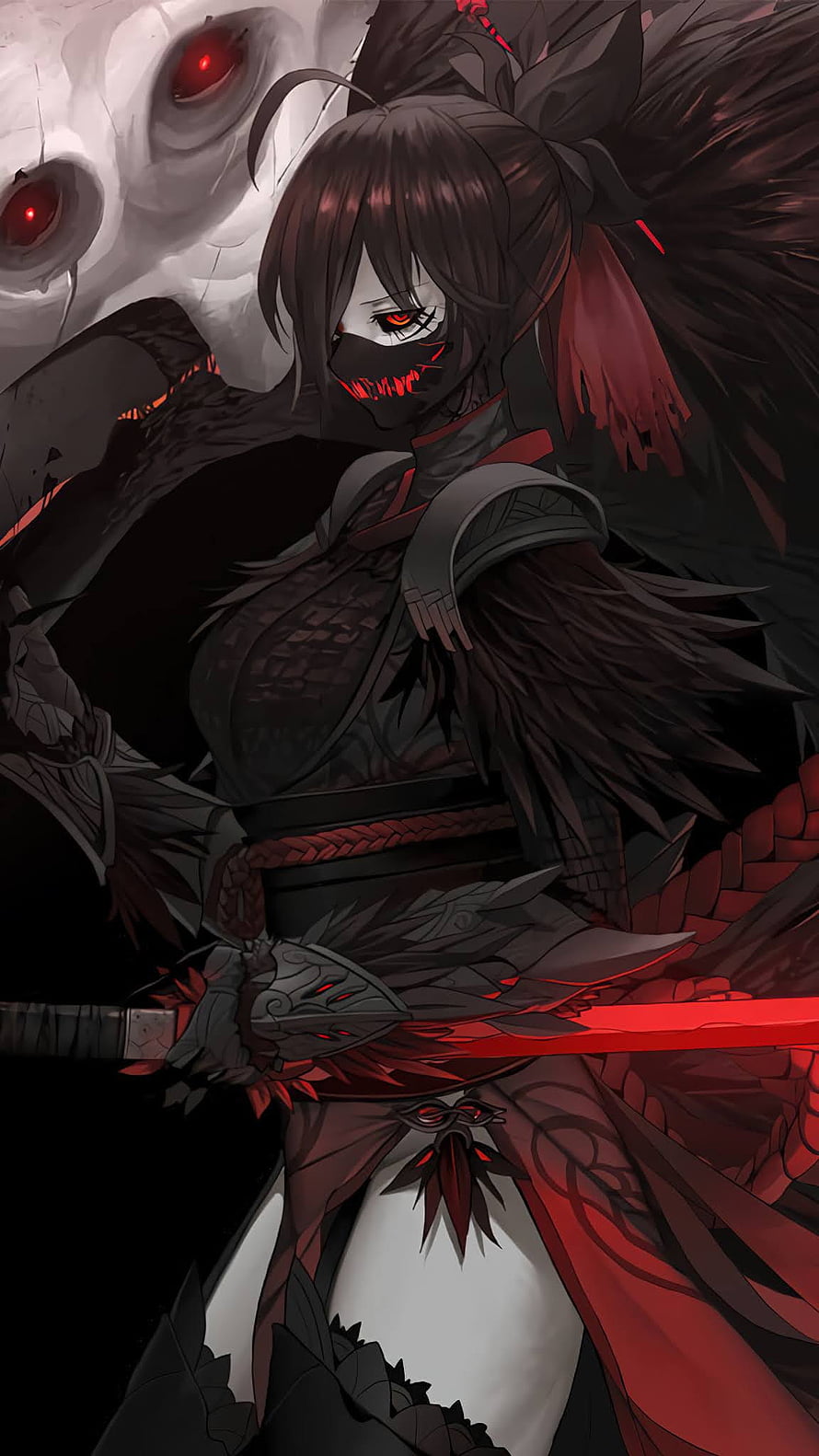 Dark Fantasy Anime Warrior Girl with Red Sword and Mask HD phone wallpaper