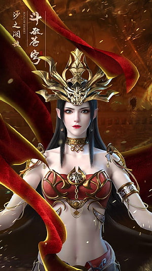Cai Lin from Battle Through the Heavens in ornate golden armor with flowing red fabric HD phone wallpaper