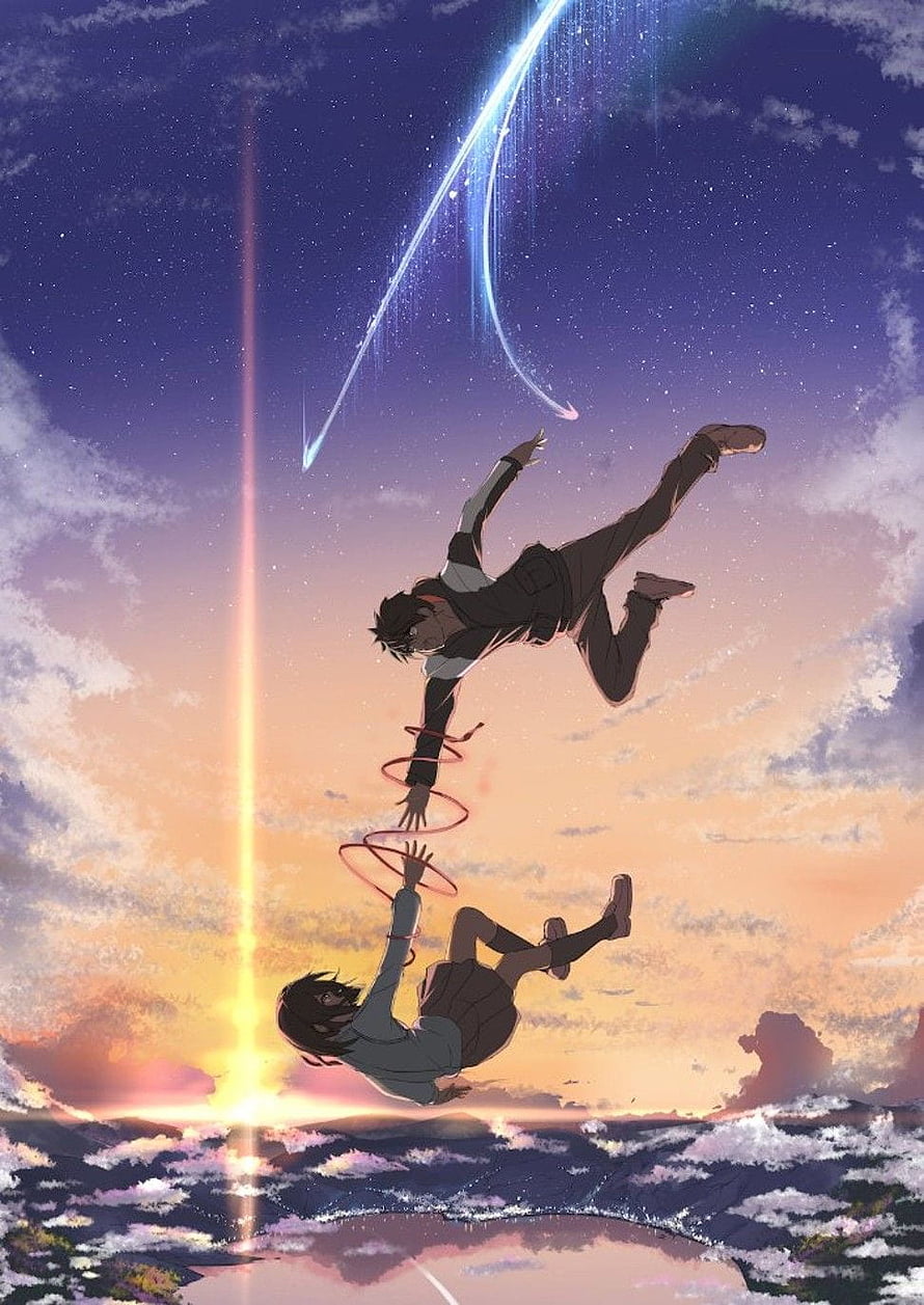 Two Anime Characters Falling Through a Sunset Sky Connected by a Red String of Fate HD phone wallpaper
