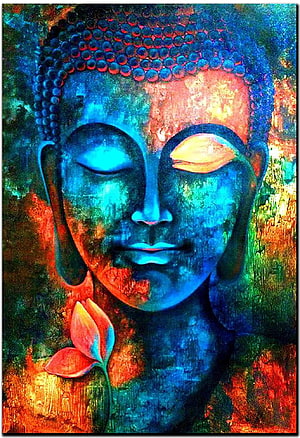 Vibrant Abstract Buddha Face with Lotus Flower in Blue and Orange Tones HD phone wallpaper
