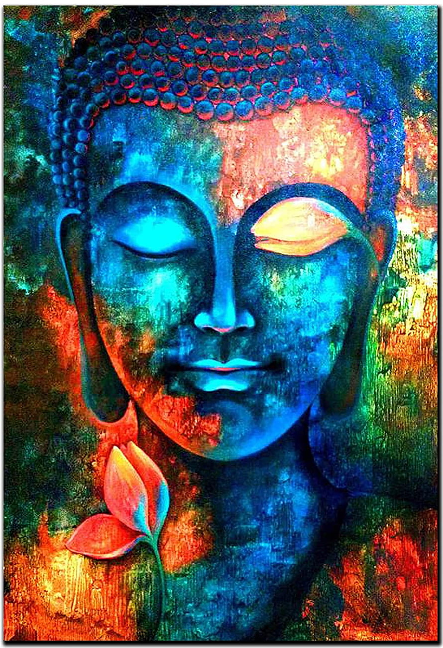 Vibrant Abstract Buddha Face with Lotus Flower in Blue and Orange Tones HD phone wallpaper