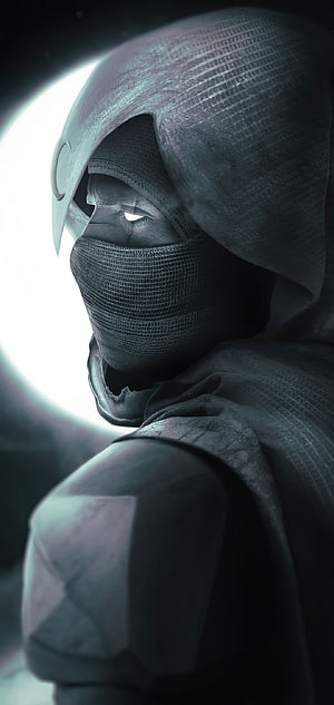 Moon Knight MCU Character Portrait in Dark Hooded Costume with Glowing Eye HD phone wallpaper