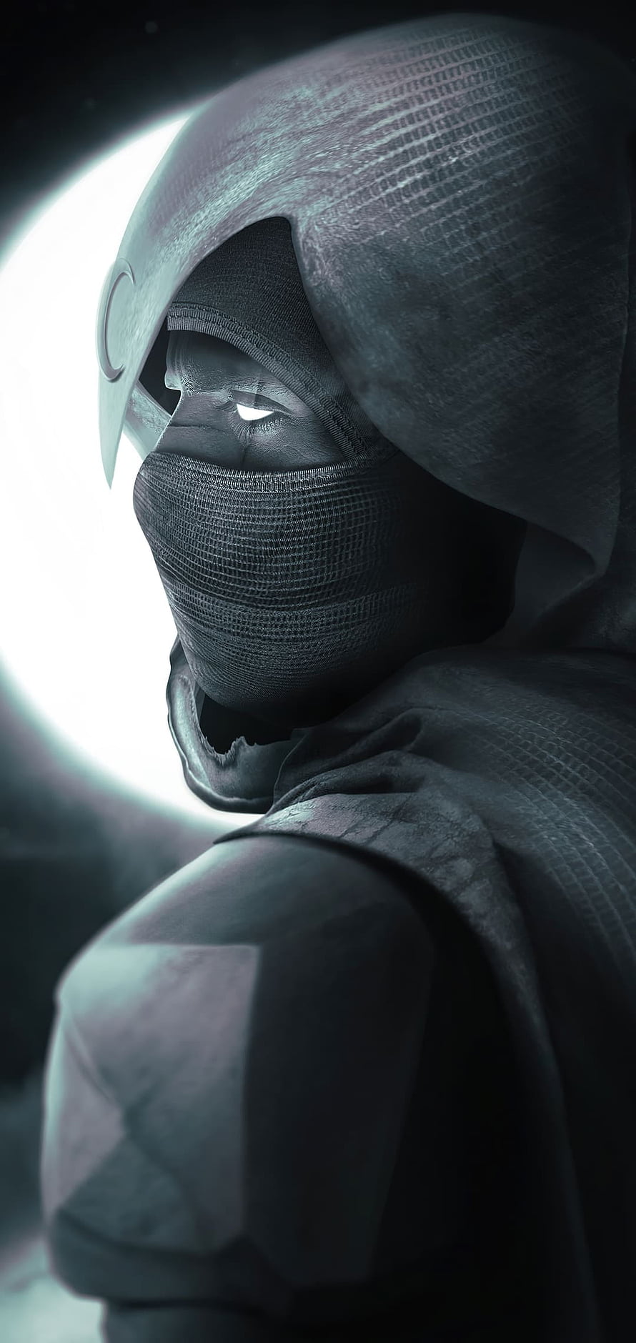 Moon Knight MCU Character Portrait in Dark Hooded Costume with Glowing Eye HD phone wallpaper