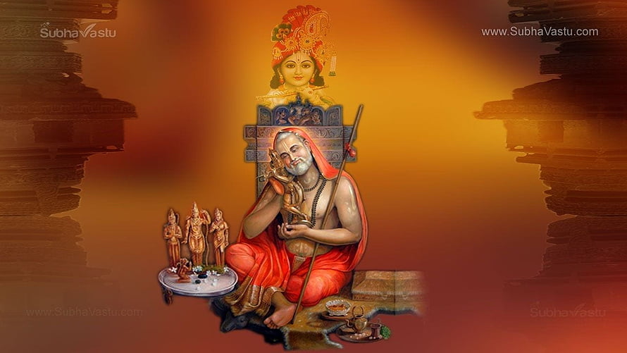 Raghavendra Swamy seated in meditation with sacred offerings and divine iconography HD wallpaper