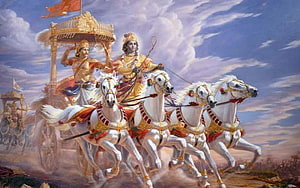 Krishna and Arjuna on the Divine Chariot in the Bhagavad Gita HD wallpaper