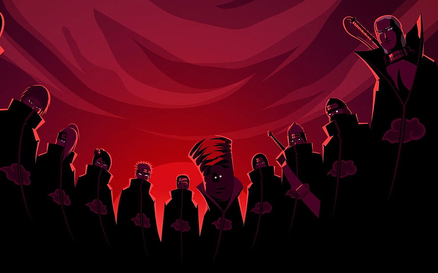 Akatsuki Members Silhouetted Against Crimson Sky in Stylized Anime Art HD wallpaper