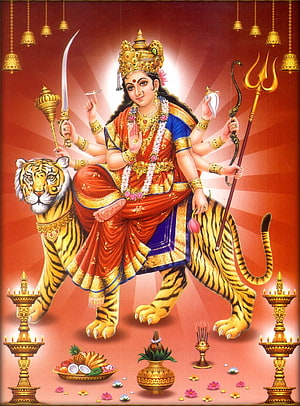 Maa Durga Riding Tiger with Trident and Sword in Traditional Indian Art HD phone wallpaper