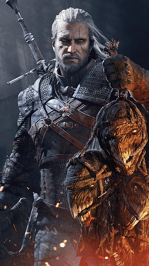 Geralt of Rivia from The Witcher 3 holding a monster head in dark fantasy armor HD phone wallpaper